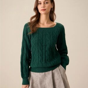 Green Romance Cable Knit Crew Sweater